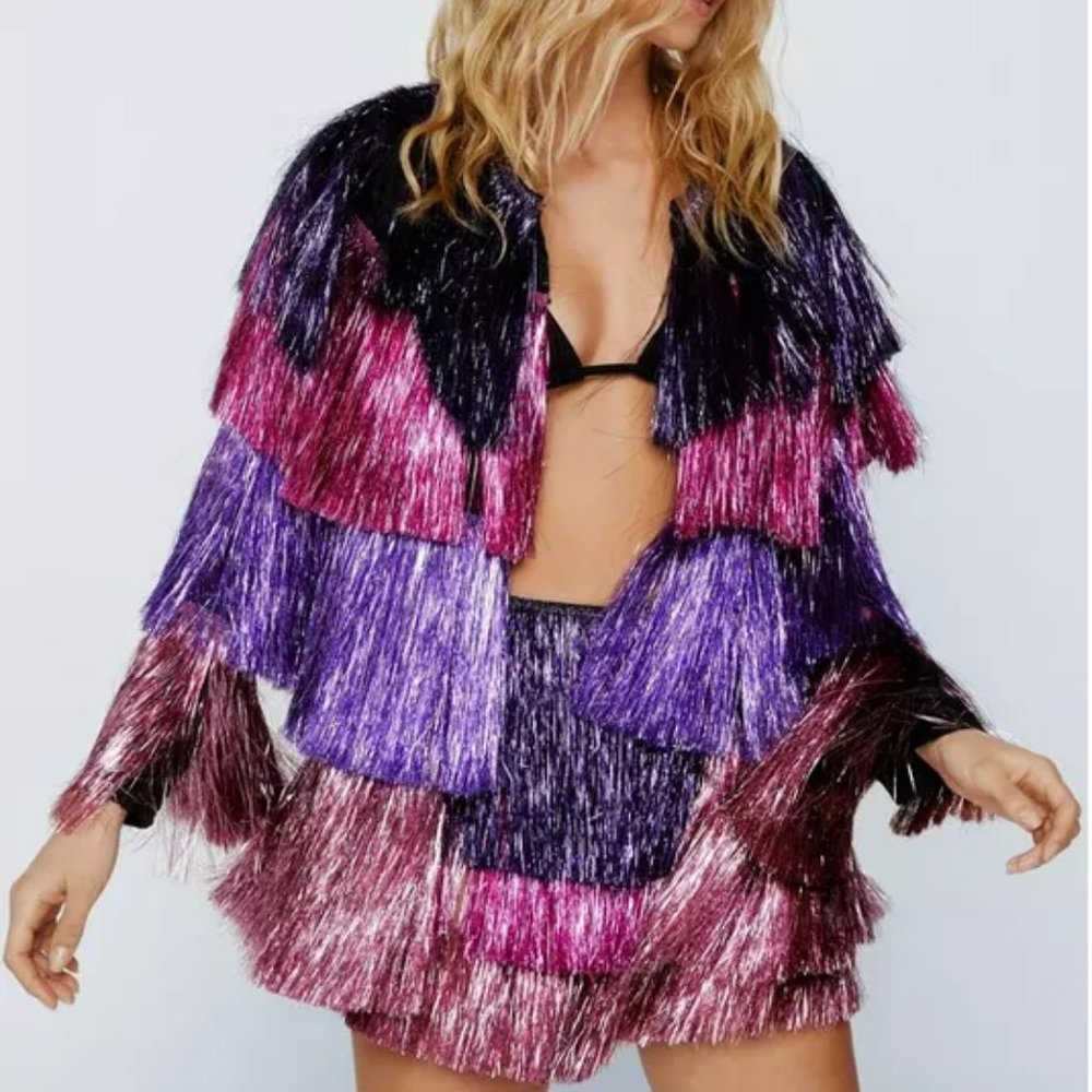 Nast Gal Metallic Tiered Fringe Open Front Jacket